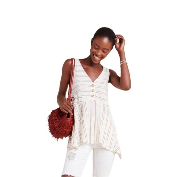 NEW MAEVE BY ANTHROPOLOGIE Alayna Sleeveless Tunic in White & Brown Stripe XS - Picture 1 of 2